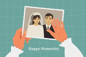 vieja foto de boda vintage en las manos arrugadas de una anciana. concepto de recuerdos felices. foto retra Ilustración de vector de estilo retro plano