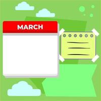 plantilla de calendario único de marzo y notas adhesivas en blanco. plantillas adecuadas para el contenido de las redes sociales. vector