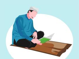 Faceless Muslim man reading a book cross-legged on a prayer rug. faceless muslim man smiling reading a book. vector