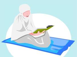 Muslim faceless woman wearing prayer hijab reading a book. Muslim faceless woman sitting cross-legged on a prayer rug. vector