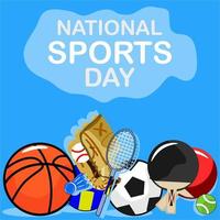 equipo deportivo que consiste en varios tipos de pelotas, bates, etc. una colección de equipo deportivo para conmemorar el día nacional del deporte. vector