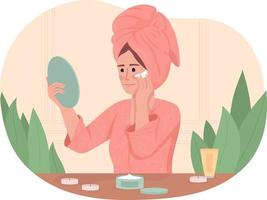 Young woman applying facial cream 2D vector isolated illustration