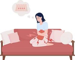 Suffering lady with heating pad for cramps semi flat color vector character