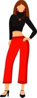 modelo femenino en la parte superior de la cosecha roja y pantalones rojos de carácter vectorial de color semiplano vector