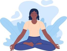 mujer joven positiva meditando en posición de loto 2d vector ilustración aislada