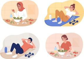 Healthy diet and exercise routine 2D vector isolated illustration set