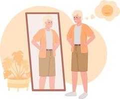 Handsome man looking in mirror 2D vector isolated illustration