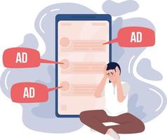 Man disappointed with annoying ads 2D vector isolated illustration