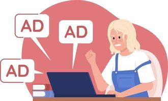 mujer enojada y notificaciones de anuncios 2d vector ilustración aislada