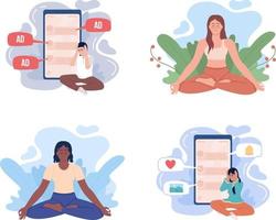 Mindfulness and internet addiction 2D vector isolated illustrations set