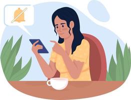 Woman turning off notifications on phone 2D vector isolated illustration