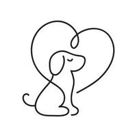 Love animal logo with dog and heart. Hand drawn monoline vector clipart. Design template and icon. Outline and linear isolated illustration