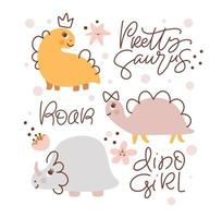 Cute vector kids Greeting card with dinosaur and baby text Pretty Saurus, Dino Girl, Roar. Cartoon woman scandinavian style illustration. For children party