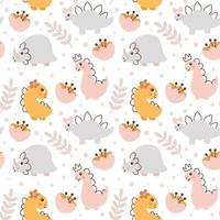 Hand drawn cute dino Princess girl seamless pattern. Children pattern with dinosaur, flower, branch for fashion clothes, shirt, fabric. Scandinavian kids design vector