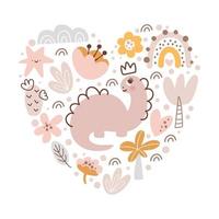 linda composición vectorial de dino girl en forma de amor al corazón. paisaje de tarjetas de felicitación para niños con dinosaurio, cactus, palma, planta, flor. ilustración escandinava de bebé de dibujos animados vector
