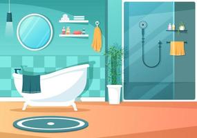 Modern Bathroom Furniture Interior Background Illustration with Bathtub, Faucet Toilet Sink to Shower and Clean up in Flat Color Style vector