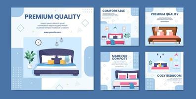 Bedroom Interior Social Media Post Template Flat Cartoon Background Vector Illustration