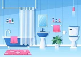 Ilustración de fondo interior de muebles de baño modernos con bañera, lavabo de grifo para ducharse y limpiar en estilo de color plano vector