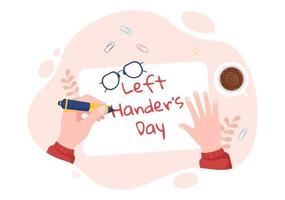 celebración del día internacional de los zurdos con su mano izquierda levantada en agosto en una ilustración de fondo de estilo de dibujos animados vector