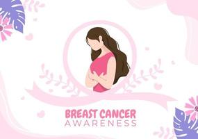 ilustración de dibujos animados de fondo del mes de concientización sobre el cáncer de mama con cinta rosa y mujer para campaña de prevención de enfermedades o atención médica vector