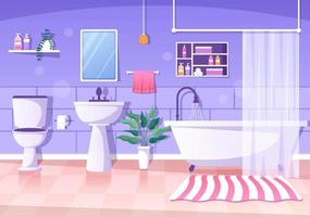 Modern Bathroom Furniture Interior Background Illustration with Bathtub, Faucet Toilet Sink to Shower and Clean up in Flat Color Style vector