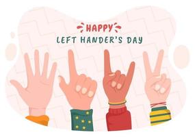 celebración del día internacional de los zurdos con su mano izquierda levantada en agosto en una ilustración de fondo de estilo de dibujos animados
