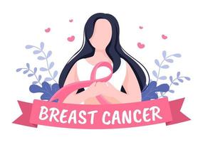 ilustración de dibujos animados de fondo del mes de concientización sobre el cáncer de mama con cinta rosa y mujer para campaña de prevención de enfermedades o atención médica vector