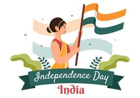 feliz día de la independencia india que se celebra cada agosto con banderas, personajes de personas y ruedas ashoka en la ilustración de estilo de dibujos animados vector