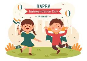 Happy Indian Independence Day which is Celebrated Every August with Flags, People Character and Ashoka Wheels in the Cartoon Style Illustration vector