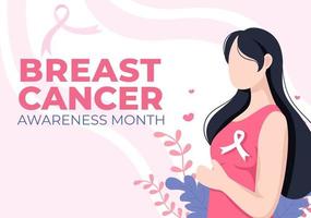 ilustración de dibujos animados de fondo del mes de concientización sobre el cáncer de mama con cinta rosa y mujer para campaña de prevención de enfermedades o atención médica vector