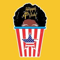 Happy 4th July sticker with cute afro girl and pop corn vector
