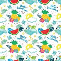 Summer pattern with flamingos, watermelon, lemon, pineapple and tropical leaves vector