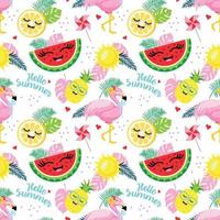 Summer pattern with flamingos, watermelon, lemon, pineapple and tropical leaves vector