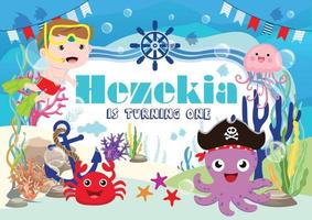 fiesta de cumpleaños infantil bajo el fondo del tema del mar con un niño lindo y un personaje de dibujos animados de la vida marina vector