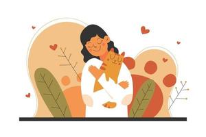 una mujer conforta abrazando gato ilustración plana vector