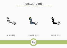 Inhale icons set vector illustration with solid icon line style. Asthma spray concept. Editable stroke icon on isolated background for web design, infographic and UI mobile app.