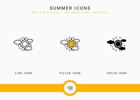 Summer icons set vector illustration with solid icon line style. Beach vacation concept. Editable stroke icon on isolated white background for web design, user interface, and mobile application