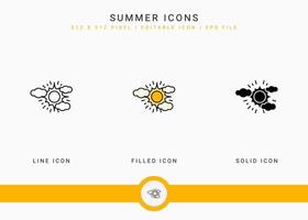 Summer icons set vector illustration with solid icon line style. Beach vacation concept. Editable stroke icon on isolated white background for web design, user interface, and mobile application