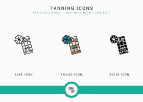 Tanning icons set vector illustration with solid icon line style. Summer beach concept. Editable stroke icon on isolated white background for web design, user interface, and mobile application