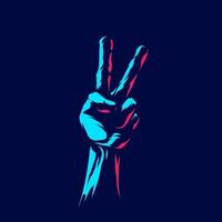 Peace hand neon line art potrait logo colorful design with dark background. Abstract vector illustration. Isolated black background for t-shirt, poster, clothing, merch, apparel, badge design