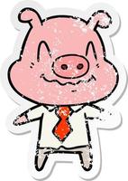 distressed sticker of a nervous cartoon pig boss vector