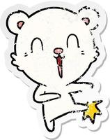distressed sticker of a happy cartoon polar bear kicking vector