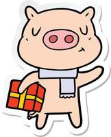 sticker of a cartoon christmas pig vector