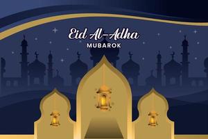 diseño de vector de plantilla de banner de eid al-adha con fondo púrpura islámico y motivo de mezquita