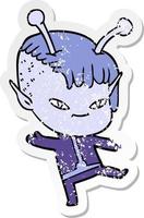 distressed sticker of a cute cartoon alien girl vector