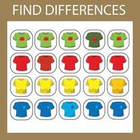 actividad de desarrollo para los niños encontrar la diferencia. juego de lógica para niños. encontrar una camiseta extra vector