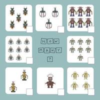 How many counting game with robots. Worksheet for preschool kids, kids activity sheet, printable worksheet vector