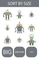 Match the robots by size large, medium and small. Children's educational game. vector