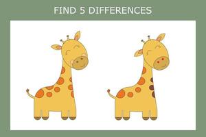 Educational game for children. Find 5 differences between giraffes and circle them vector