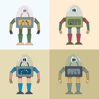 A set of four multi colored robots. Children's robo background. Color cute childish drawing. vector